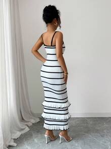 Elenzga 女式优雅合身荷叶边下摆撞色吊带毛衣裙