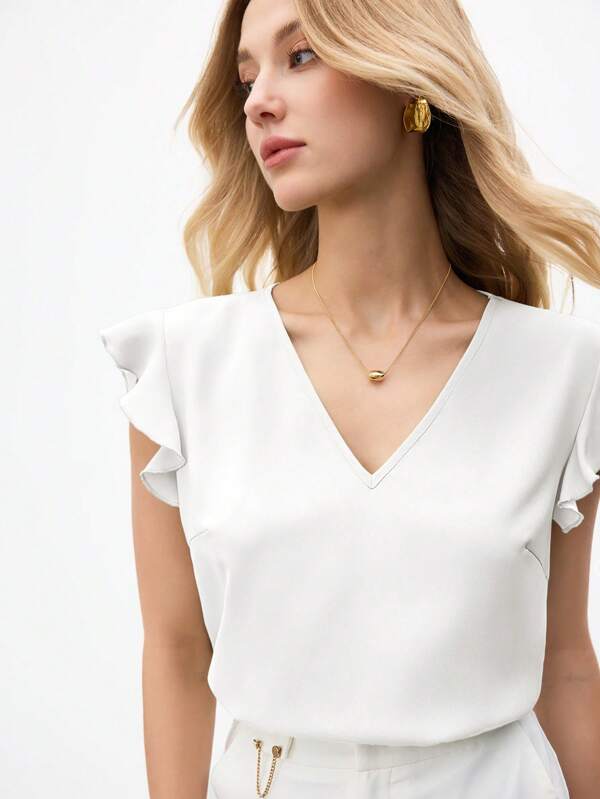 BizChic 2025 Summer New V-Neck Ruffle Sleeve Sleeveless Women Blouse Shirt, Business Casual Daily Commute Elegant Beach Resort Suitable For Wedding Guest, Country Music Festival, Brunch, Airport Outfit, 90s Vintage, Scandinavian, 4th Of July