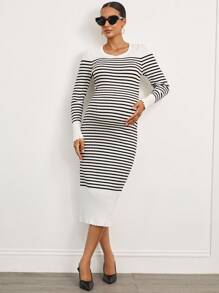 MaterniWear Office,Business Casual Woman,Fall Clothes,Autumn Clothes,Maternity Autumn Clothes Maternity Striped V-Neck Long Sleeve Fitted Knit Dress - Black and White - View 7