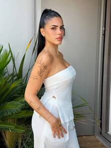 Lucia Bellido Y2K Subculture Women's Leopard Print Bandeau Cropped Top With Slit Hem Design