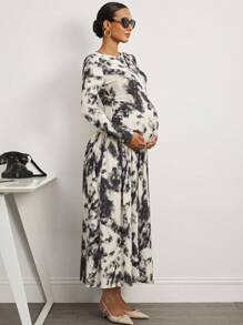 MaterniWear 休闲舒适宽松孕妇装，圆领长袖 - 黑色 - 查看 7