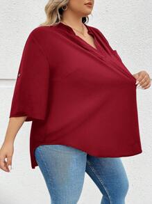SHEIN CURVE+ 加大码卷舌袖黑色衬衫，优雅、度假、基本款 - 酒紅色 - 查看 4