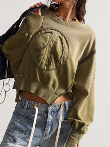 Bohemela 秋冬波西米亚风休闲纯色针织圆领长袖宽松水洗女式运动衫 - 綠色 - 查看 4