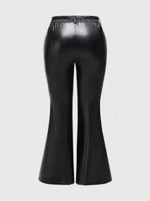 ROMWE Plus Size Women Gothic PU Flare Leg Solid Color Pants - Black - View 2