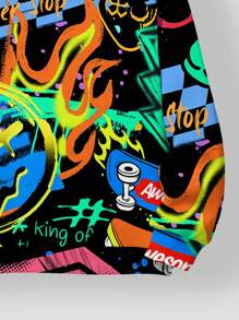 SHEIN Sudadera con capucha holgada y cómoda de estilo minimalista casual para niño preadolescente, con estampado gráfico de consola de juegos, cara sonriente y letras en inglés, adecuada para otoño/invierno