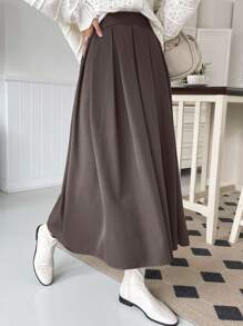 DAZY Casual Versatile Commute Solid Color Pleated Skirt - Maroon - View 4