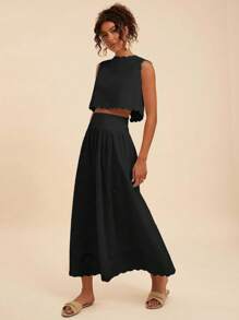 Travachic 两件套女士纯色梭织无袖露脐宽松吊带背心和高腰半身裙，秋冬春夏皆宜，美丽连衣裙，露脐上衣和半身裙套装，休闲女装风格，秋季女装，时尚秋季，外出装，优雅套装，婚礼宾客礼服，婚礼宾客套装 - 黑色 - 查看 7