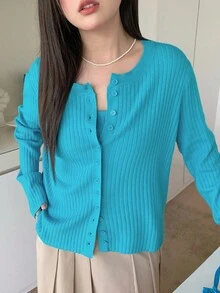 Dazy Plus 2pcs/Set Plus Size Women Solid Color Fitted Short Knitted Cardigan & Camisole Sweater Set, Spring/Autumn - Blue - View 8
