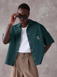 SUMWON Boxy Fit Button Down Collared Workwear Short Sleeve Casual Oversized Shirt Fall Spring - Dark Green - View 3