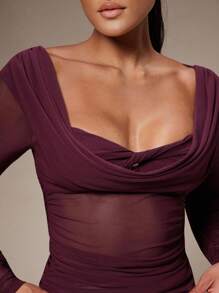 Silquee Women's Solid Color Plunging Neck Long Sleeve Fitted Fashionable Mesh Blouse See Through Top Mesh Top Top Long Sleeve Top