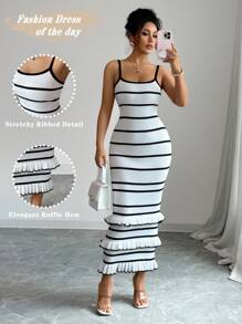 Elenzga 女式优雅合身荷叶边下摆撞色吊带毛衣裙