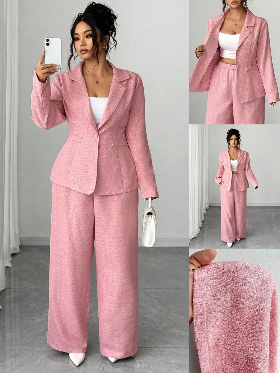Elenzga Elegant Pink Suit Set, Fashionable Fabric Fall Cloth For Women Autumn - Baby Pink - View 1