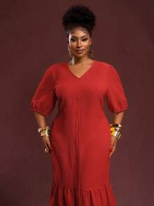 Slaydiva 2025 Bộ trang phục dự tiệc/nghỉ trưa phong cách miền Tây cổ điển cỡ lớn dành cho nữ, Lễ hội âm nhạc/Câu lạc bộ/Chuyến đi đường dài/Kỳ nghỉ/Thường ngày/Du lịch thành phố/Lễ tốt nghiệp, Váy dự tiệc thanh lịch dành cho nữ, Váy maxi dài tay chữ V bèo nhún cổ chữ V bằng vải gingham màu vàng họa tiết rộng rãi - Đỏ - Xem 6