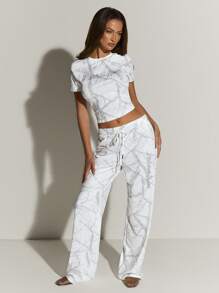 Athîral Calça feminina casual de perna reta com estampa de galhos, ideal para usar em casa, para o dia a dia, para a volta às aulas e para o outono. - Damasco - View 3