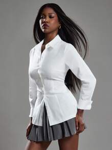 NYA SZN 上衣长袖纽扣领日常休闲商务休闲职业装办公室西服婚礼宾客棉质春夏女士上衣 - 白色 - 查看 3