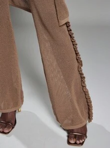 NYA SZN Pant High Rise Skirt Over Pant Ruffle Detail Brunch Spring Summer Vacation Stretch Knit Pant Outfits For Women - Brown - View 6