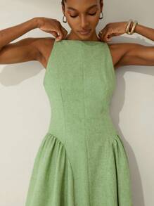 Aveloria Modichic Elegant Party Off Shoulder Sleeveless Ruched Waist Flared Dress, Exaggerated Flowy Dress, Textured Fabric, Suitable For Year-End - Green - View 1