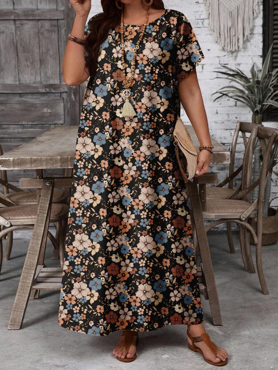EMERY ROSE Elegant Plus Size Long Tunic Dress With Random Print And Round Neckline Long Floral Dress Maxi Dress With Short Sleeves,Holiday Outfits For Women - Multicolor - View 1