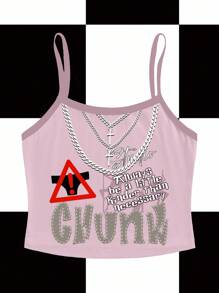 Studio Chunk Women's Slogan Print Fitted Casual Camisole Going Out Tops - Pink - View 1