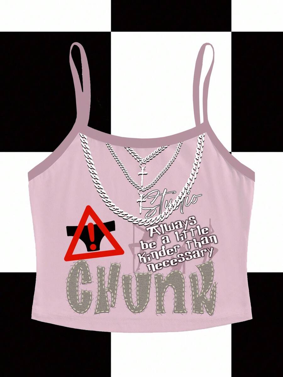 Studio Chunk Women's Slogan Print Fitted Casual Camisole Going Out Tops - Pink - View 1