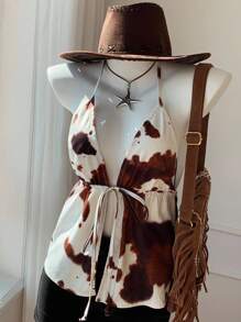 Comfortcana Áo crop top hở lưng in họa tiết tie-dye gợi cảm dành cho nữ kèm dây buộc eo, phong cách cao bồi dành cho nữ, trở lại trường, trang phục miền Tây - màu nâu - Xem 3