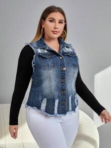 SHEIN Essnce Plus Ripped Raw Cut Vest Denim Jacket - Medium Wash - View 3