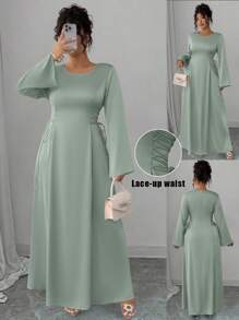 SHEIN Elenzya Vestido Elegante de Manga Longa com Laço na Cintura, Plus Size - Verde - Visão 1