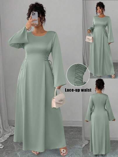 SHEIN Elenzya Plus Size Long Sleeve Tie Waist Fitted Elegant Dress Fall Cloth For Women