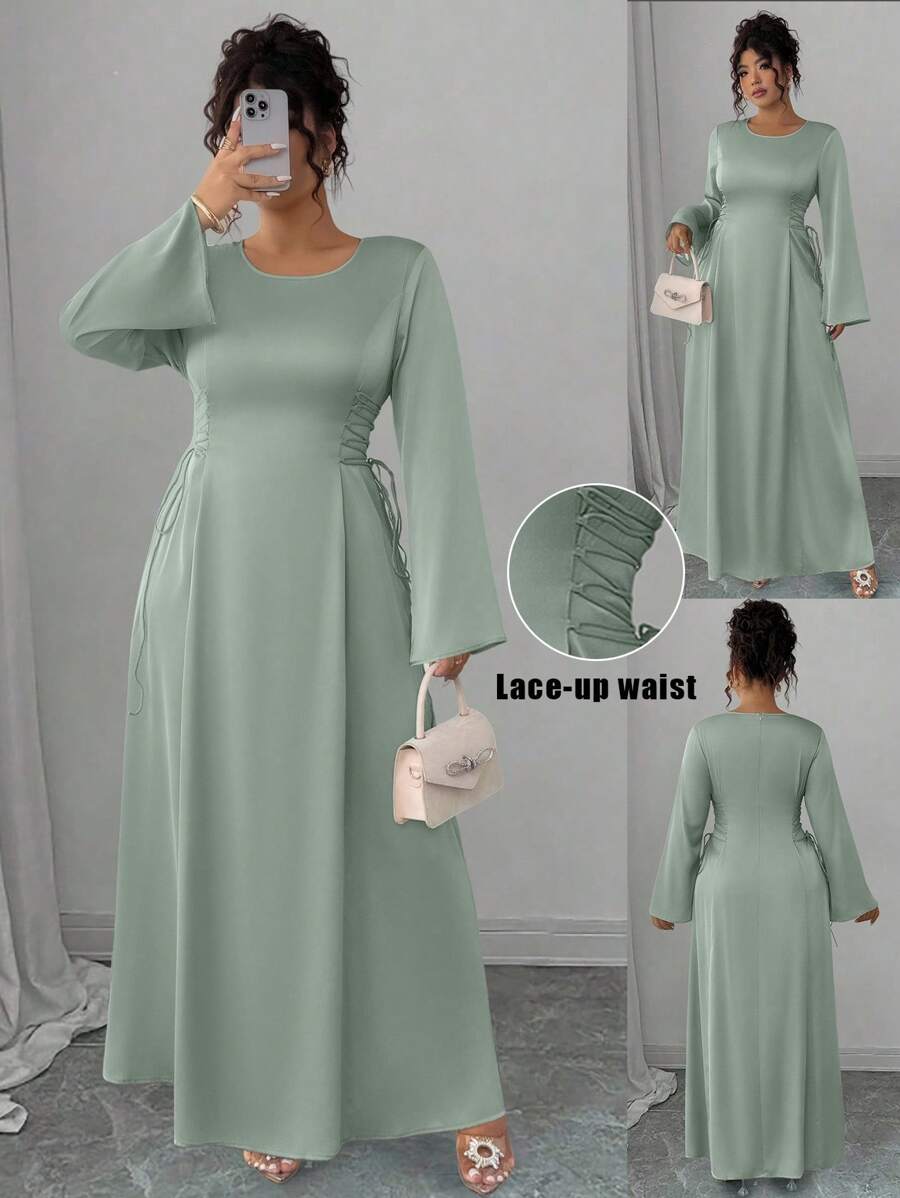 SHEIN Elenzya Vestido Elegante de Manga Longa com Laço na Cintura, Plus Size - Verde - Visão 1
