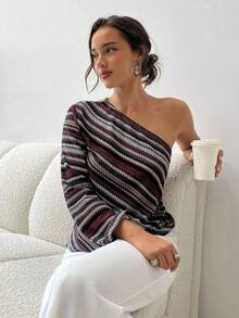 Aloruh Fall Women's Fashion Asymmetric Striped One Shoulder Sleeve Top,  Off Shoulder Design, Fall Women Clothes