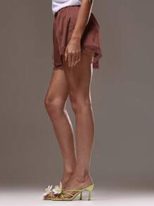 MUSERA Elasticated Satin Pull On Lace Trim Shorts Cute Summer Vacation Boho Summer Cute  Spring Holiday - Brown - View 4