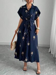 Franclia Robe mi-longue romantique pour vacances en tissu tressé avec broderie, col montant et ceinture à nouer, pour femmes de grande taille