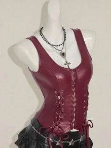 SHEIN ICON Y2k 女士哥特风酒红色露背纯色 PU 皮革系带设计时尚 PU 皮革上衣