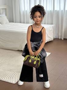 Combinaison-pantalon sans manches, style urbain chic, ajustée, côtelée, avec texte graphique, patch, taille décorée, jambe large, noire - Noir - Voir 4