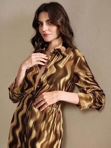 Anewsta 女式两件套，秋冬新品，万圣节和圣诞节，复古都市时尚闪亮波浪褶皱纹理面料宽松舒适时尚上衣和休闲裤 - 卡其色 - 查看 5