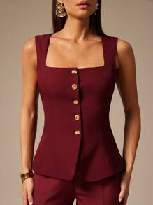 Silquee 优雅纯色西装马甲通勤夏季勃艮第上衣酒红色上衣金属扣装饰红色背心女西装马甲 - 酒紅色 - 查看 6
