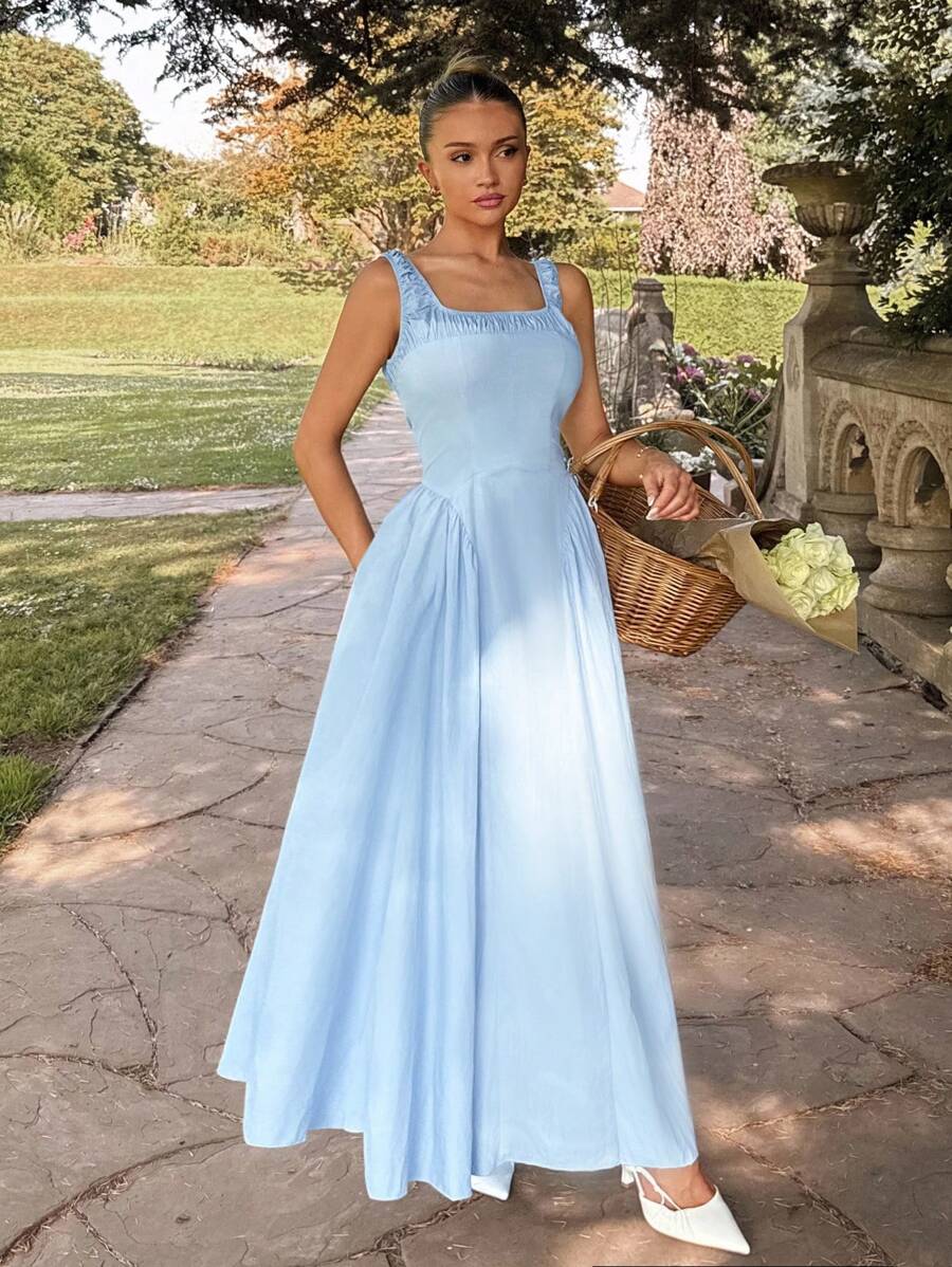 Glamine Vitamin Colors SummerHoliday  Women's Elegant Solid Color Square Neck Waist Cinched Long Dress, Suitable For Dates And Daily Wear Fall Women Clothes Back To School