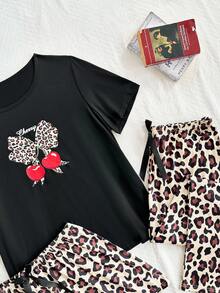SHEIN Bộ đồ ngủ 3 món tay ngắn họa tiết da báo và quả anh đào cỡ lớn, quần short và quần ngủ - màu đen - Xem 5