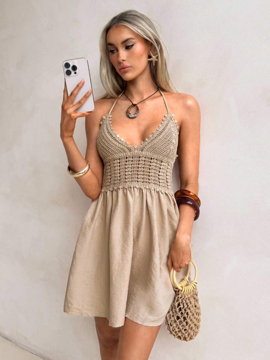 Swim Vcay 女式性感露背针织拼接挂脖沙滩罩衫 - 卡其色 - 查看 1