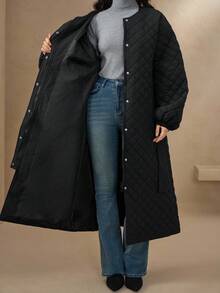 DAZY 小众设计法式宽松中长灯笼袖钻石绗缝棉衣女冬季 - 黑色 - 查看 3