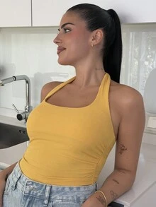 Lucia Bellido Camiseta de tirantes de cuello halter de unicolor para mujer, de verano - Amarillo - Ver 5