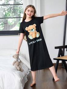SHEIN 卡通熊印花長款睡袍 女孩睡袍 青少年女孩睡袍 小女孩睡袍 女孩睡裙 熊圖案睡衣裙 - 黑色 - 查看 4