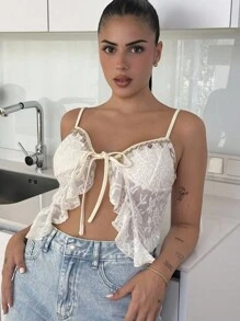 Lucia Bellido Textured Jacquard Fabric Slit Hem Bohemian Style Camisole - Beige - View 1