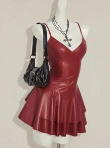 SHEIN ICON Y2K 女士酒红色 PU 皮革性感 V 领迷你连衣裙