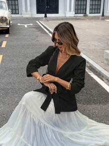 Siren Gaze Collarless Black Cotton Linen Thin Blazer In Fall/Winter