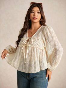 Elaquor Áo sơ mi tay dài thêu hoa thường ngày cho nữ cỡ lớn - Màu be - Xem 5