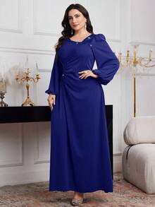 Modelyn 加大码纯色荷叶边不对称领口优雅长袖连衣裙，适合圣诞节勃艮第红加大码连衣裙加大码优雅连衣裙红色加大码连衣裙长款晚礼服 - 寶藍色 - 查看 6