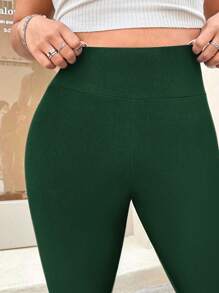 SHEIN EZwear Plus Size Olive Green Tight 3/4 Length Leggings, Suitable For Spring/Summer Vacation - Dark Green - View 5
