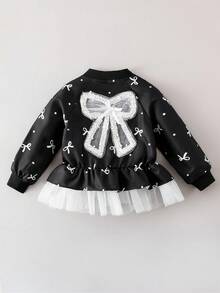 年轻女孩蝴蝶结印花网眼拼布夹克 - 黑色 - 查看 4