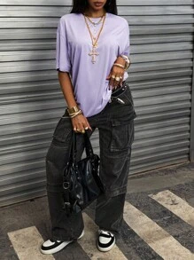 INAWLY 中国龙与字母印花超大短袖T恤图案T恤女式上衣 - 紫色 - 查看 5